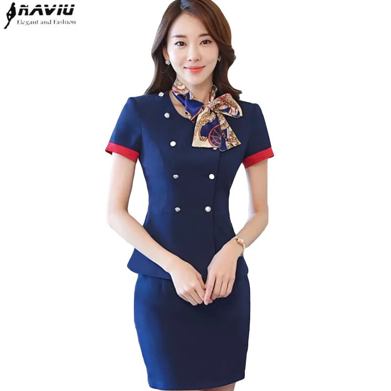 Professional Set Stewardess Uniforms New Fashion Formal Women Short Sleeve Blazer With Skirt Office Ladies Work Wear