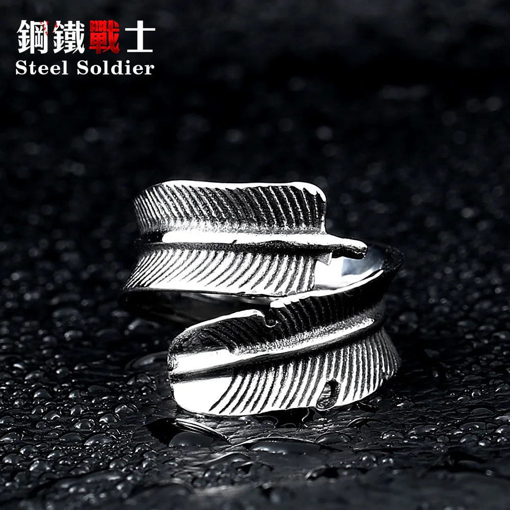 Steel soldier stainless steel men adjustable feather ring men opening fashion popular jewelry titanium steel ring