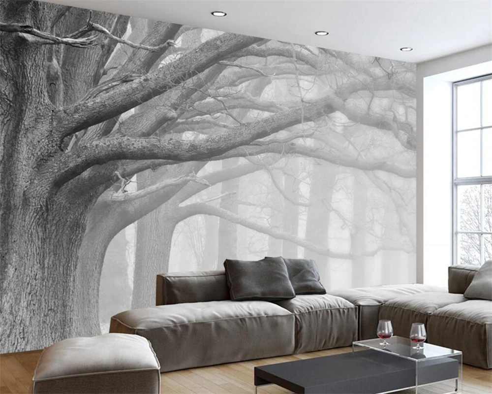 Custom wallpaper misty forest mural home decoration black and white big tree living room bedroom decoration Self-adhesive mural