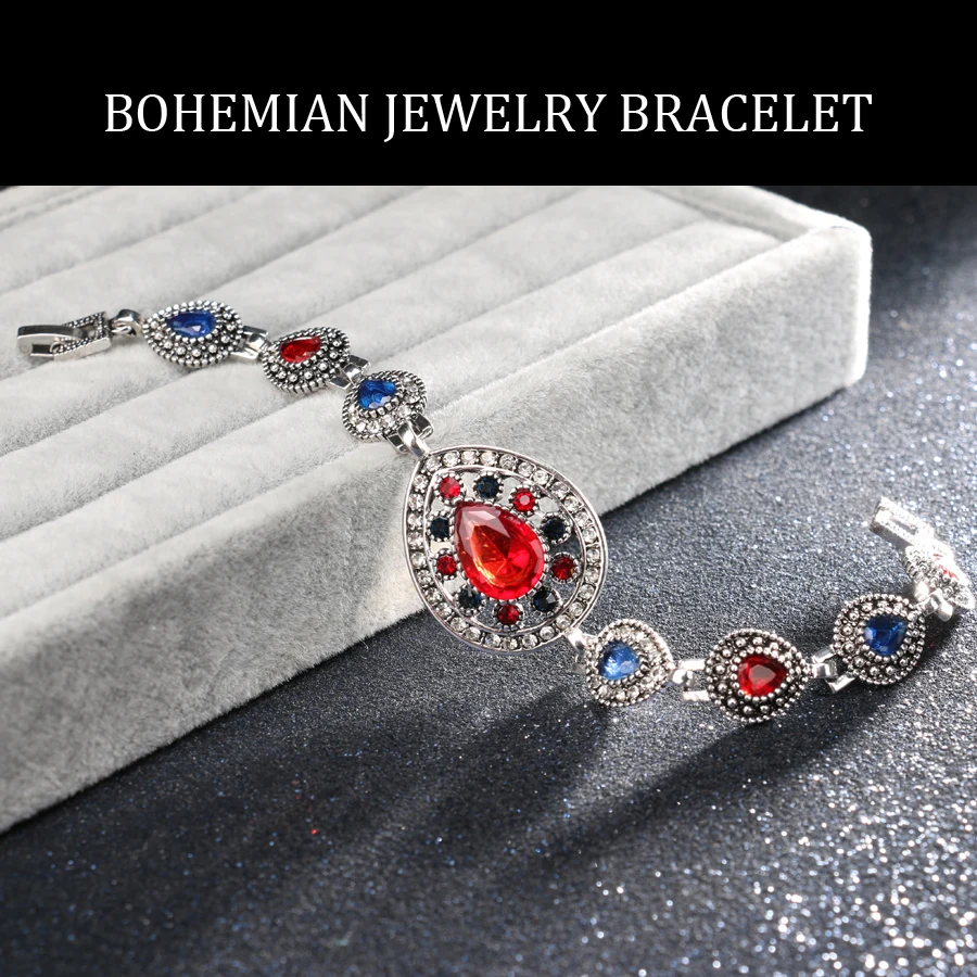 Luxury Indian Jewelry Silver Color Red Crystal Bracelets For Women Vintage Look Hollow Out Water Drop White Crystal Party Gift