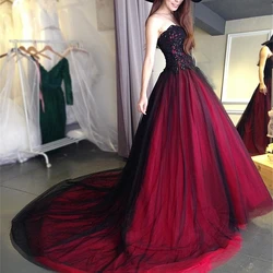 Sexy Gothic Wedding Dress Black and Red Sweetheart Beading Lace Up Long Black Burgundy Bridal Gowns Wedding Gown Custom Made