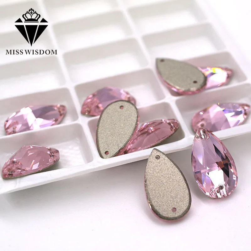 New High quality Flatback glass crystal double hole sew on rhinestones Teardrop shape Pink rhinestones diy clothing accessories