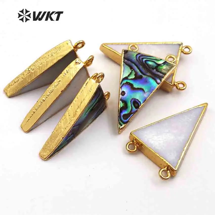 WT-P641 Wholesale Triangle Gold Pendant Natural Puawa Shell With Double Loops Charms Mixed Color For Jewelry