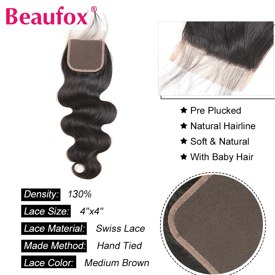 Paquete de cabello brasileño con cierre, ondas corporales, 3/4 paquetes con cierre, cabello humano natural 6