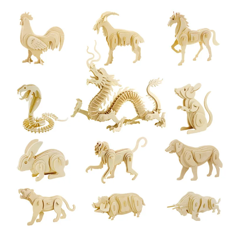 

12 Chinese zodiac signs 3d three-dimensional wooden animal jigsaw puzzle toys for children diy handmade wooden jigsaw 3D puzzles