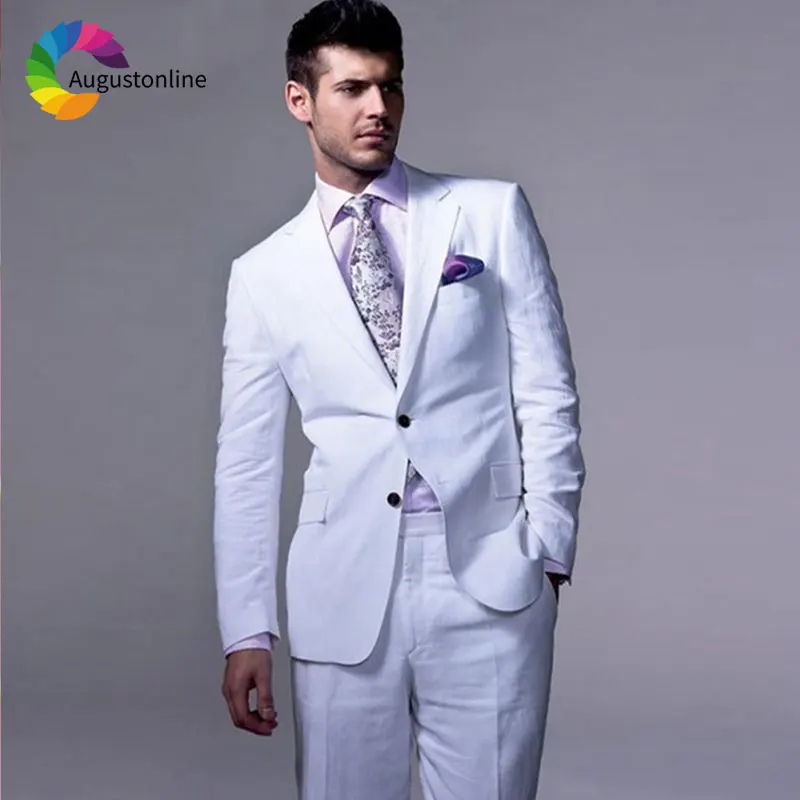 

White Linen Wedding Men Suits Groom Wear Slim Fit Tuxedos 2 Pieces (Jacket+Pants) Bridegroom Suits Prom Blazer Custume Homme