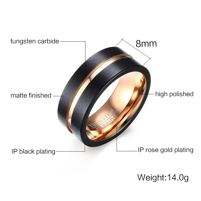 Vnox 8mm Width Men Rings 100% Tungsten Metal Black & Gold-color Ring