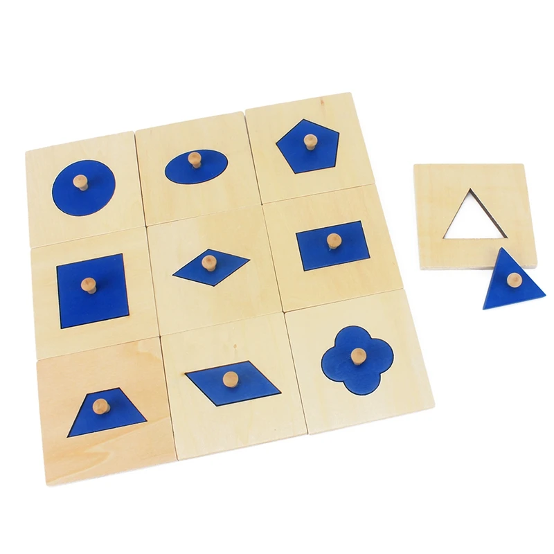 10Pcs Family Version Montessori Wood Blue Geometric Shapes Panel/Insets Wooden Pegged Sensorial Toys for Children Preschool Aids