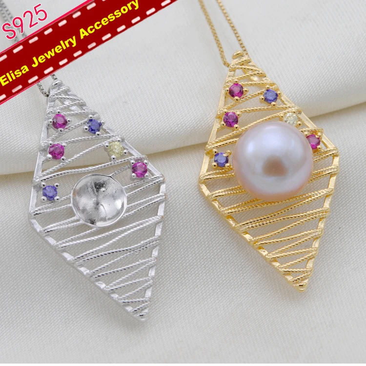 Diamond Shape Pendant Holder S925 Sterling Silver Pearl Pendant Components DIY Accessory Silver&Gold Color 3Pieces/Lot