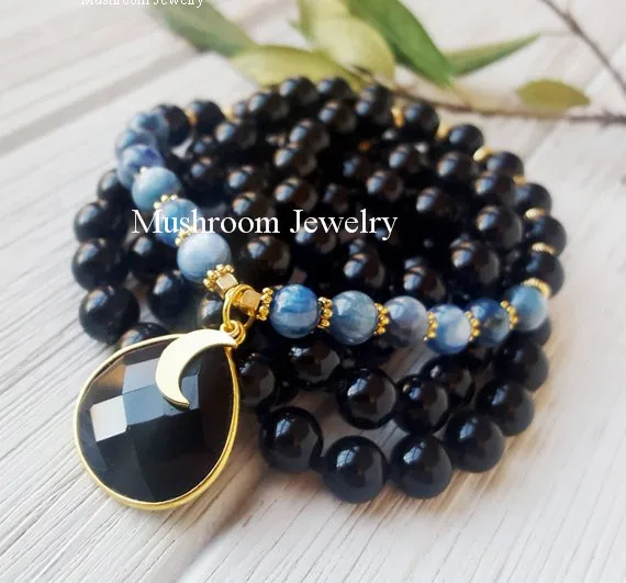 Long Black Agates Beaded 108 yoga mala oval Charm Pendant Necklace