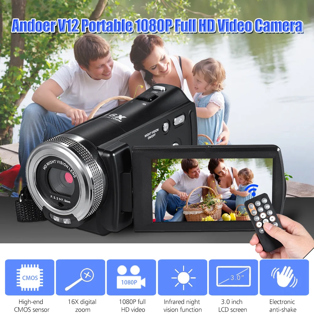 Andoer V12 1080P Full HD Video Camera 16X Digital Zoom Portable Camcorder Night Vision Face Detection Video Camera