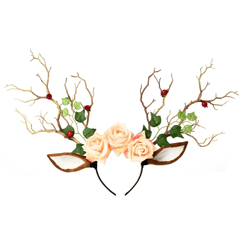 Retro Vintage Deer Ears Tree Branches Headband Sheep Horns Leaf Roses Headdress  Halloween Party Cosplay Hair Fancy Dress