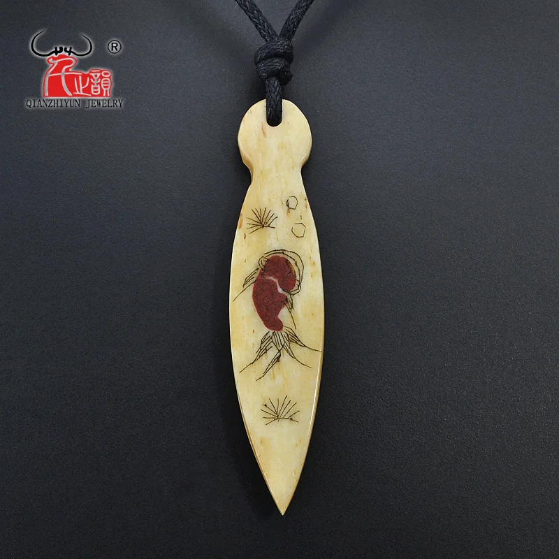 GX092 Hot Sale Yak bone fangs pendant necklaces women necklace Vintage yellow necklace handmade carved goldfish jewelry