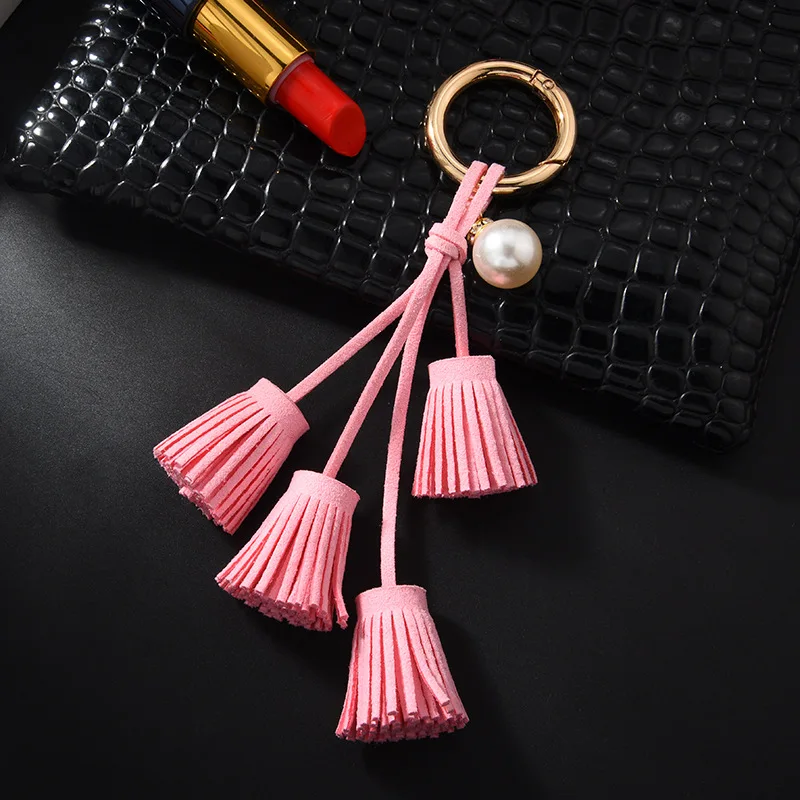 Korean velvet tassel keychain leather tassel pearl pendant car ornaments female key chain plush bag pendant