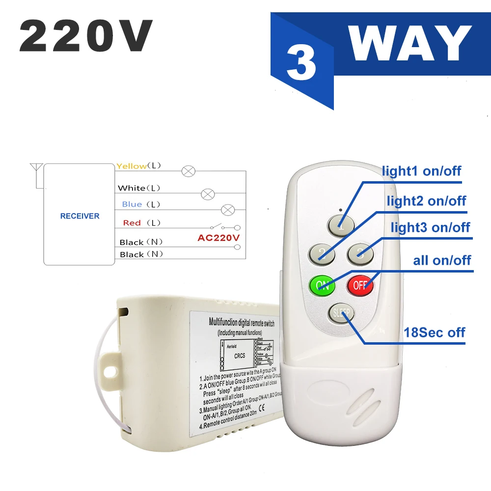 AC 220V 4 Way 5 Sections ON/OFF Multifunction Intelligent Digital Lamps Wireless Remote Control Switch for Ceiling Crystal Lamp