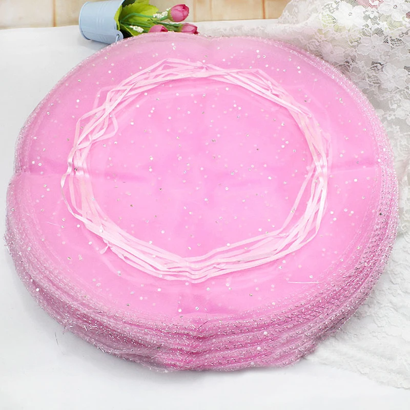 

26cm 50pcs Pink Candy Bags For Wedding Round Christmas Organza Bags Gift Packaging Bags Women Drawstring Bag Package Display