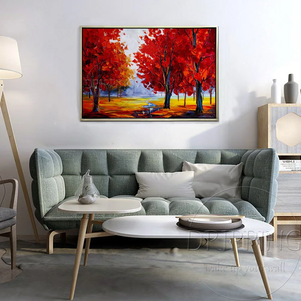 Hand-painted Vivid Colors Wall Art Picture Maple Tree Oil Painting on Canvas Wall Picture Landscape Maple Forest Oil Painting