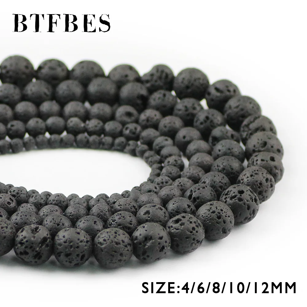 BTFBES Black Lava Beads Natural Stone Magma Volcanic Rock Round Loose Beads For Jewelry Making DIY Bracelet 4/6/8/10/12MM Ball