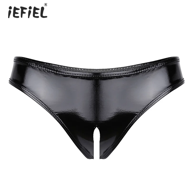 Sexy Women Sissy Lingerie Erotic Panties Latex Underpant Clubwear Wetlook Patent Leather Open Crotch High Cut Crotchless Panties