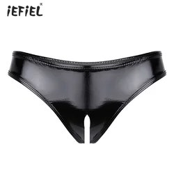 Sexy Women Sissy Lingerie Erotic Panties Latex Underpant Clubwear Wetlook Patent Leather Open Crotch High Cut Crotchless Panties