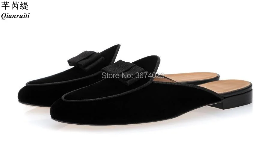 

Qianruiti Men Smoking Slippers Bow Tie Slip-On Flats Black Mules Handmade Half Shoes Casual Men Loafers Zapatos Hombre 2019