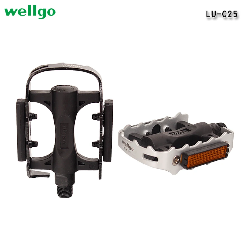 Wellgo-Road Bike Pedals, Semi-Aluminum Alloy, Ball Bearing, MTB Mountain Bicycle Pedal Parts with Reflector, LU-C25