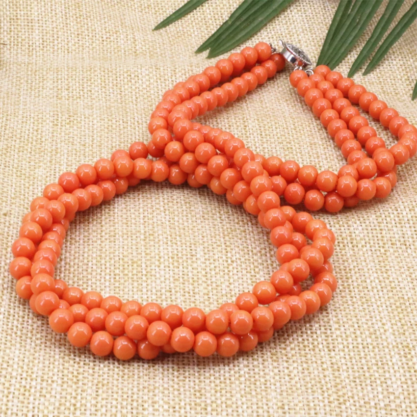 3 rows winding chain necklace for women 6mm orange artificial coral round beads high quality gifts jewelry 18inch B3184