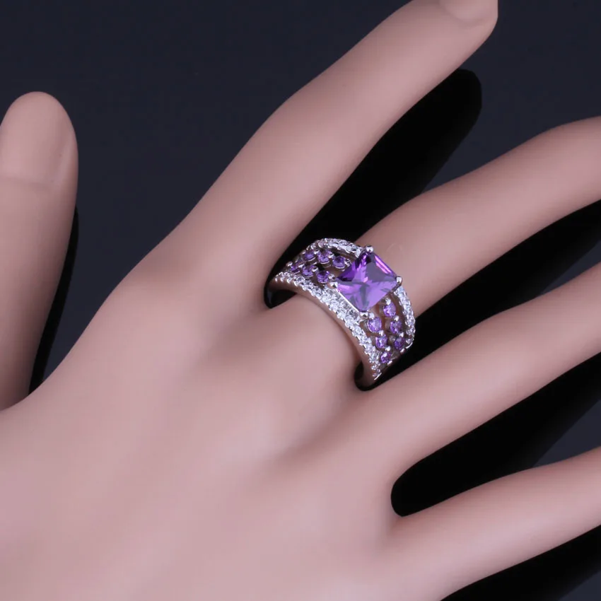 Shining Rectangle Purple Cubic Zirconia White CZ Silver Plated Ring V0456