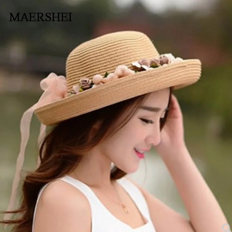 MAERSHEI Summer Straw Hat Handmade Flower Women's Garland Sunbonnet Bucket Hat Roll-up Hem Beach Cap Sun Hat For Girls