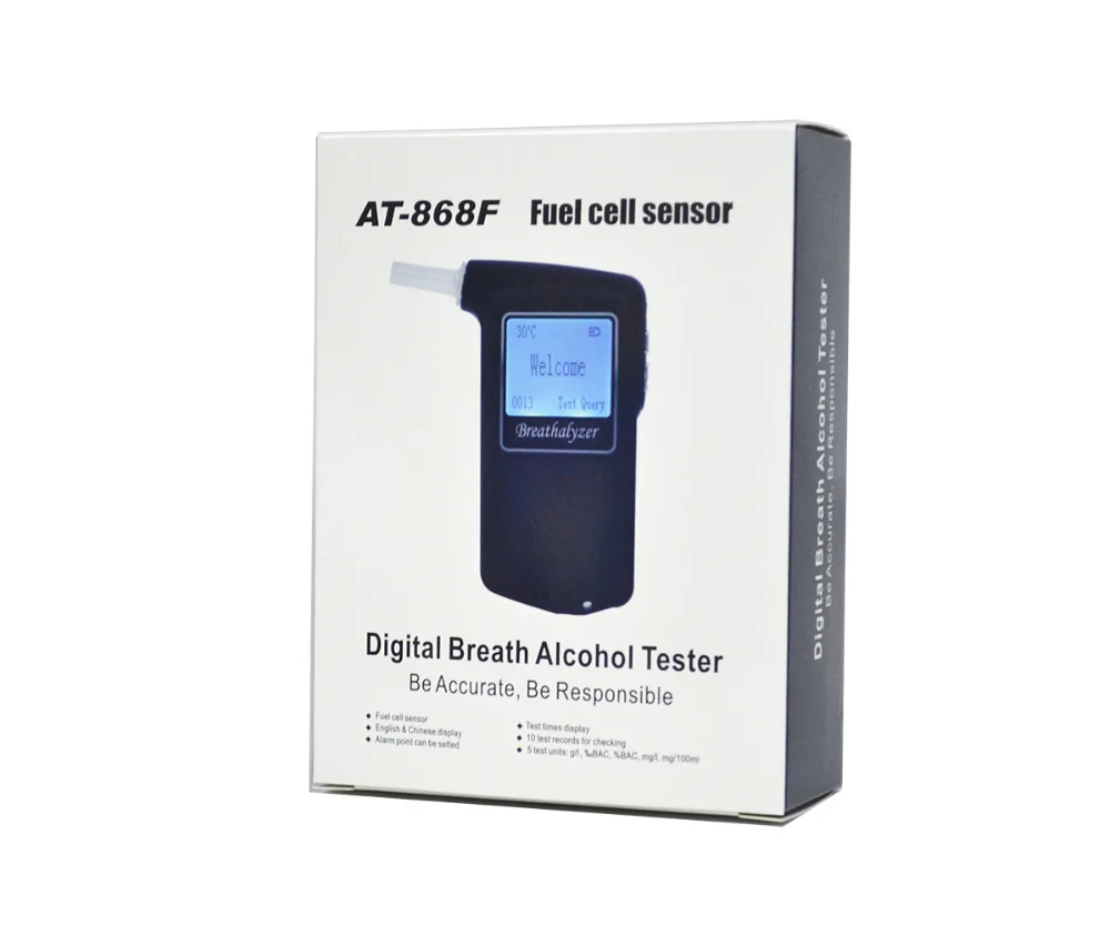 New Police Breathalyzer 2.0\' Big LCD Alcohol Tester AT868F Alcotest Display Temperature with 10 mouthpiece Free Shipping