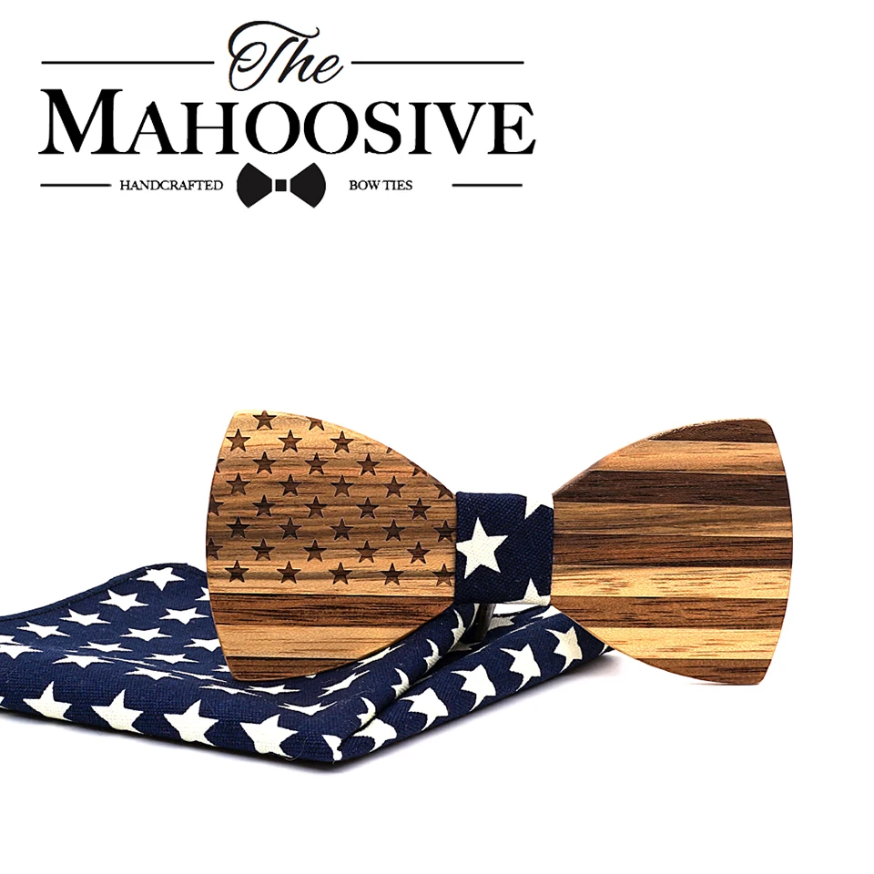 

Mahoosive Walnut Wooden Bow Ties For Men Wedding Neckwear Set Accessories USA flag Handmade Solid Wood Bowtie Cravat Suits