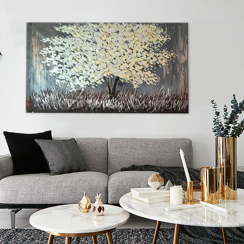 

Wall art Pictures palette knife 3D texture acrylic silver tree painting wall decor For Living Room home quadro caudro decoracion