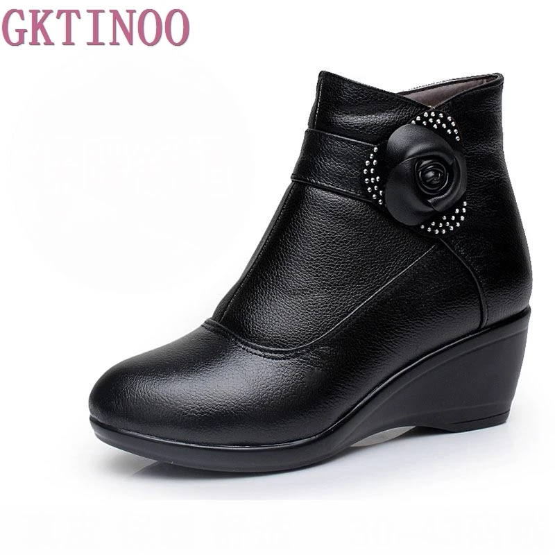 New 2025 Women Boots Women Genuine Leather Winter Boots Warm Plush Autumn Boots Winter Wedge Shoes Woman Ankle Boots Size 34-43