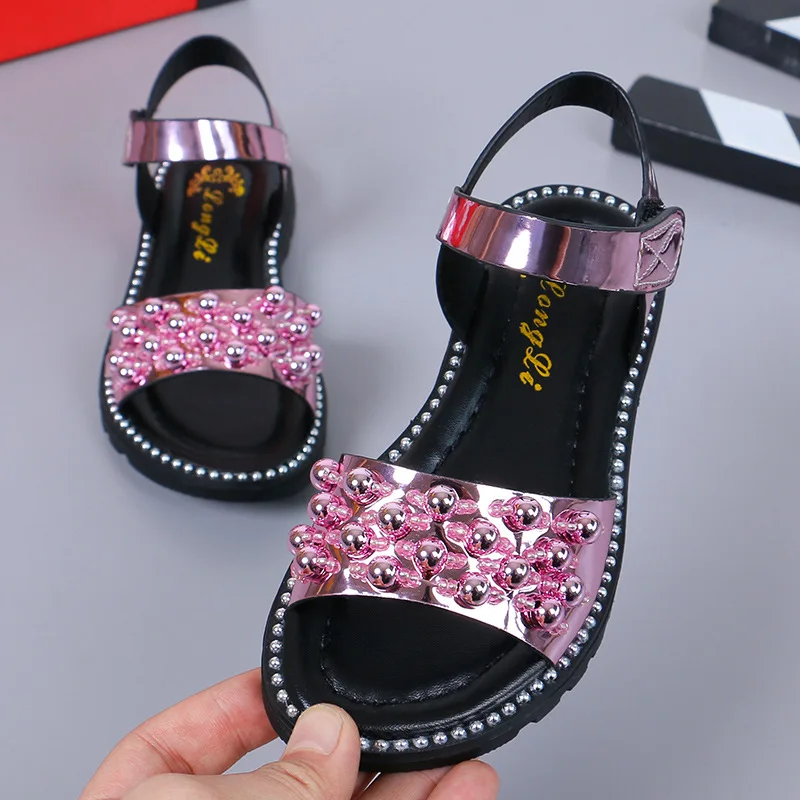 2022 Summer New Girl Rhineston Sandals Kids Child Fashion Bead Patent Leather Princess Sandals Party Shoe For Girls Big Shoe