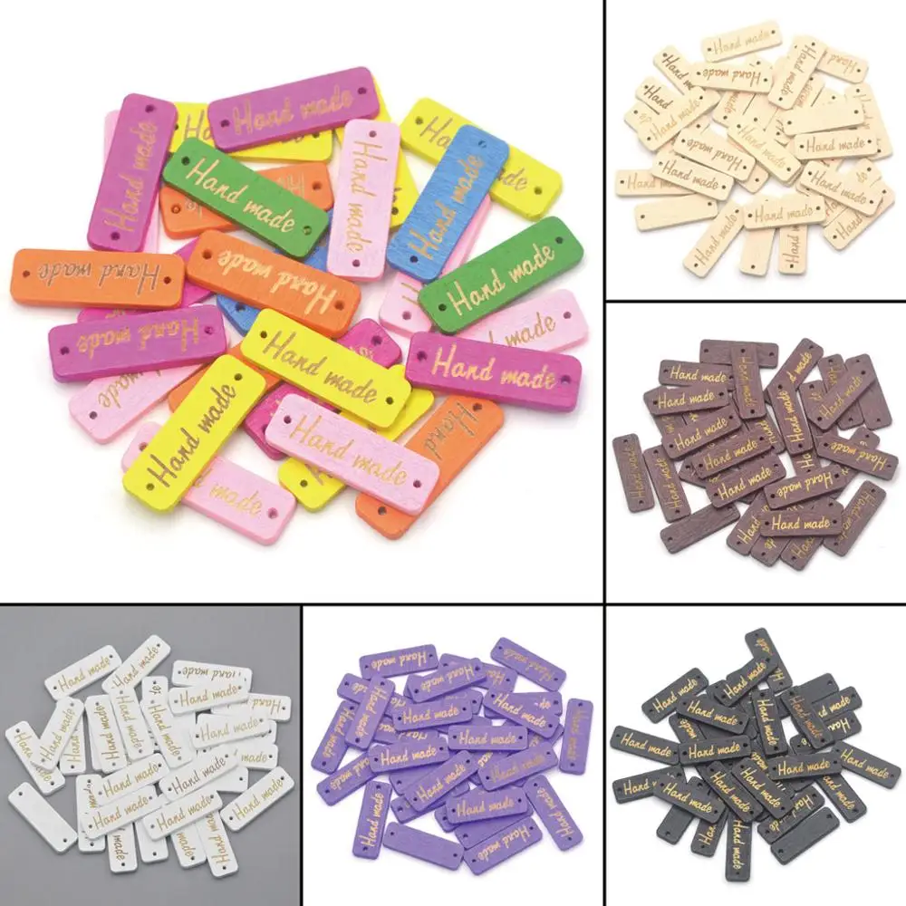 KALASO 50Pcs Wooden Handmade Design Label Tags Sewing 2 Holes Colorful Buttons Clothing Custom DIY Crafts Supplies Decor