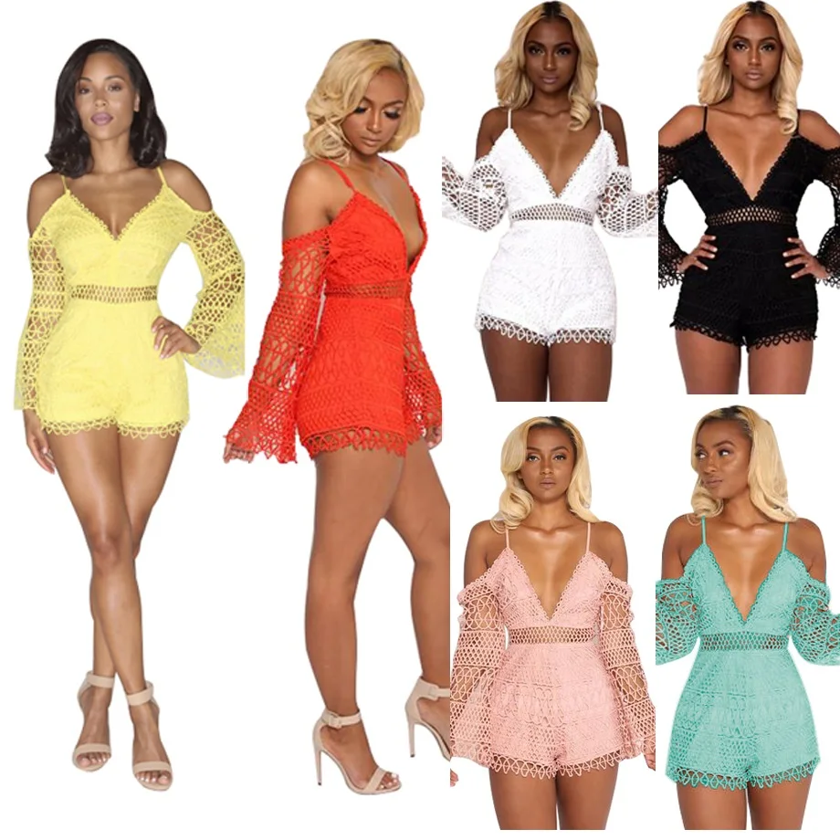 2019 Summer Fashion Mulheres Playsuits Sexy bodysuit Rendas Espaguete macacão Partido Oco Out feminino corpo