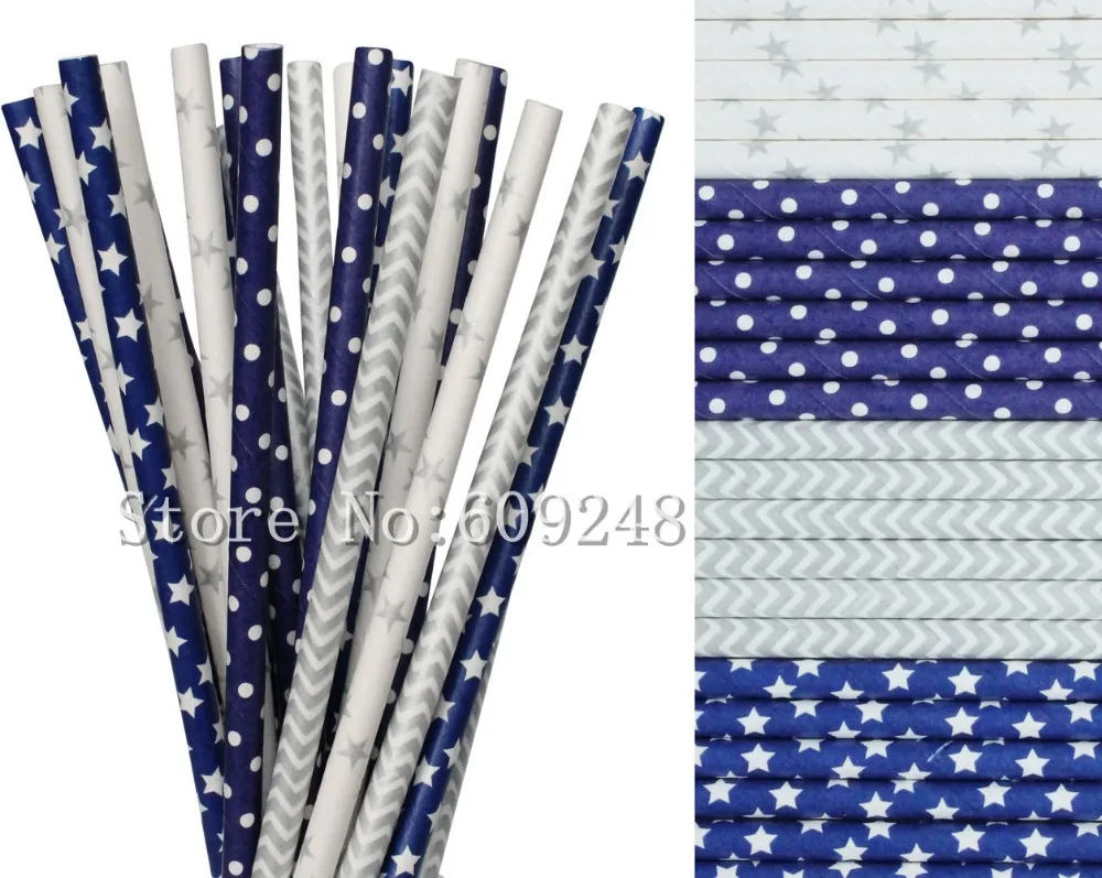 100 Pcs Hanukkah Drinking Paper Straws Mix,Silver Chevron and Star,Dark Navy Blue with Swiss Dot and Star,Graduation Party Craft