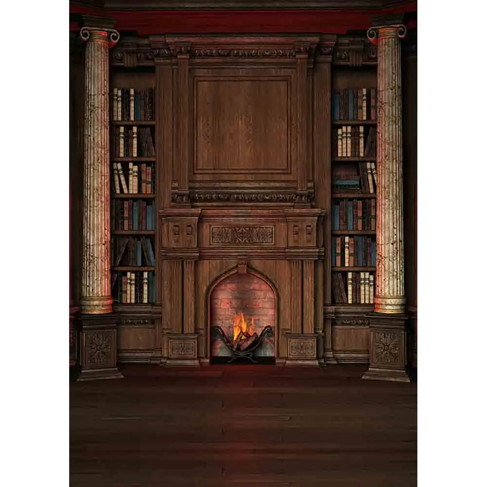 Allenjoy Shelves Backdrop For Photographic Studio Vintage Private Library Bookcase Fireplace Roman Column Photo Background