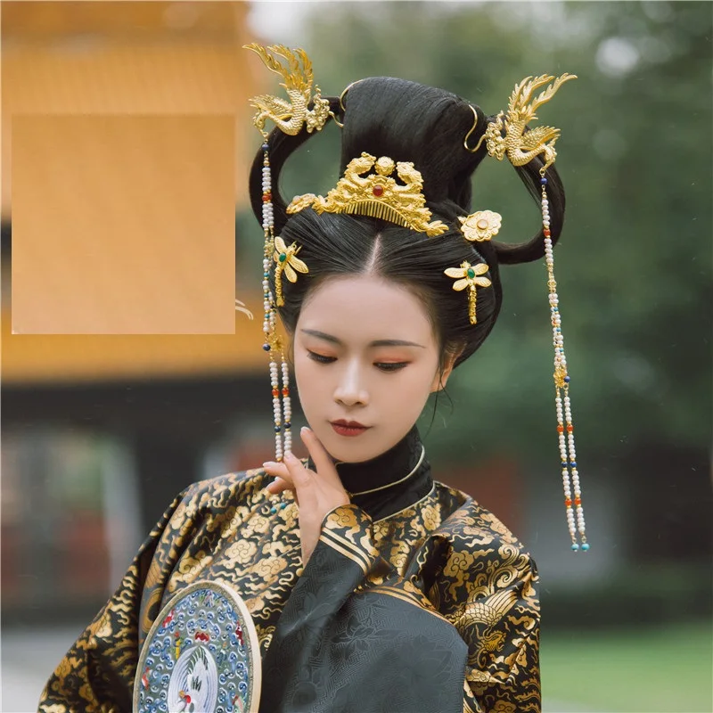 LYZ Tao Hua Du Ming Dynasty Hair Tiara Set Chinese Vintage Hand Carving Headwear Bride Wedding DiJi Makeup Hair Jewelry