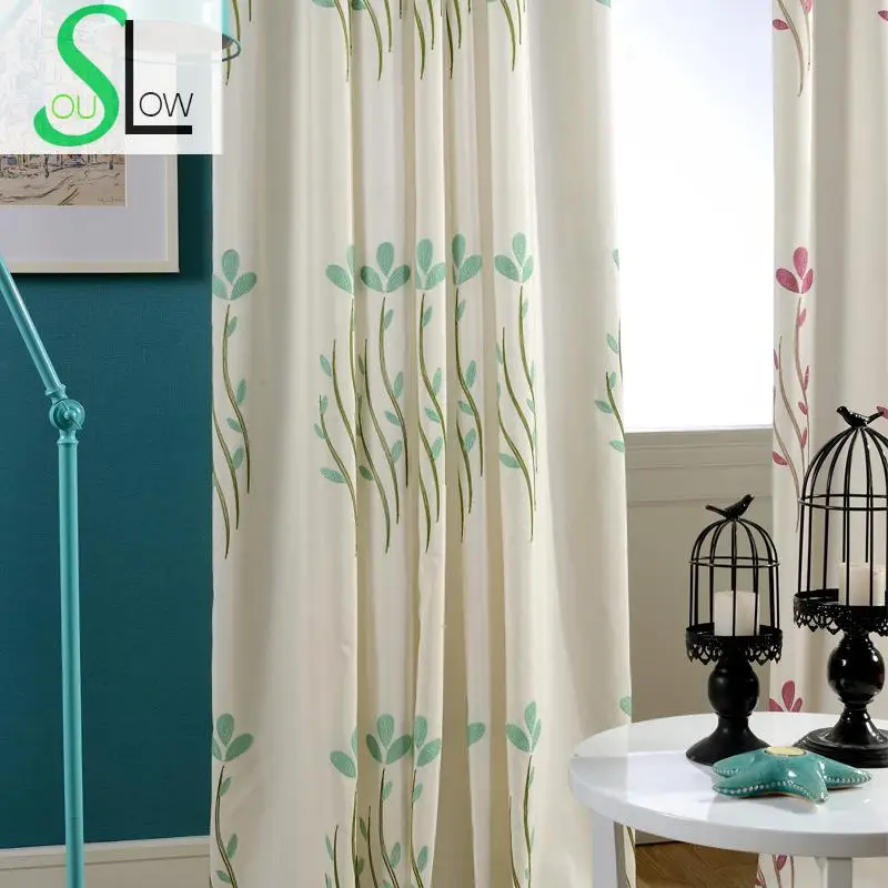 Slow Soul Rose Red Green Grass Rhythm Embroidery Curtain Cotton French Window Floral Curtains For Living Room Luxury Kitchen