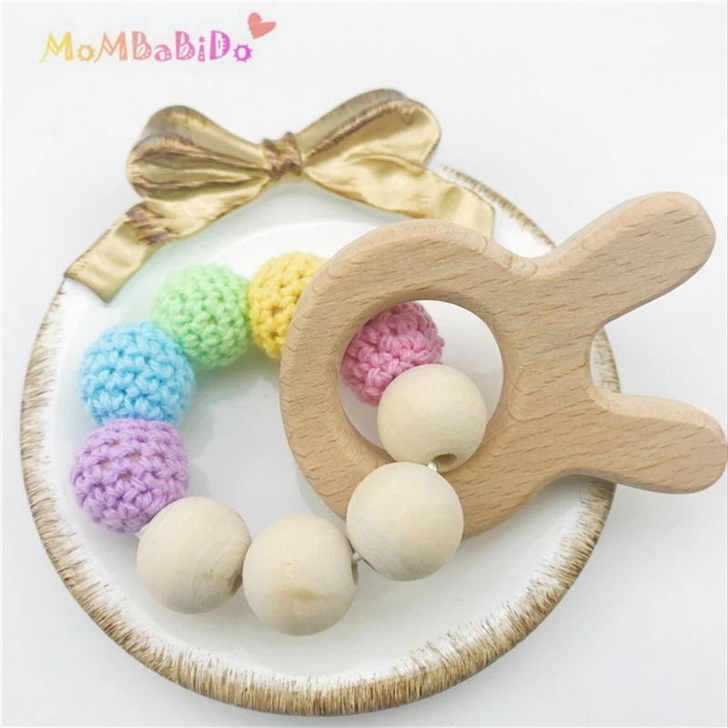 크리스마스 젖니 링, 아기 딸랑이 나무 Teether, 토끼 무지개 Teether, 아기 샤워 선물, 나무 장난감, 토끼 귀, 부활절 선물