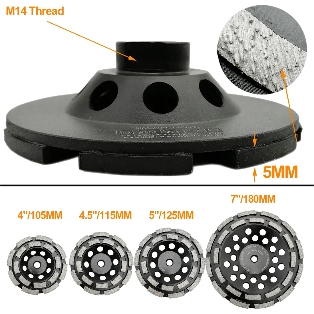 Roda de retificação com duas fileiras de diamante, refletor para mármore, granito e pedra dura, m14 ou 100-11, 2 peças/pk 115/125/180mm