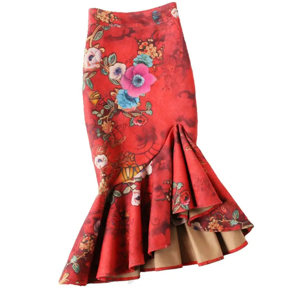 

Irregular ruffled Suede printed fishtail skirt women high waist package hip meiamrd trumpet skirt