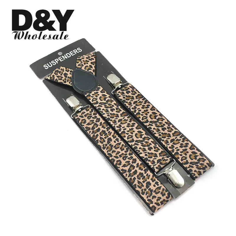 Fashion Leopard Suspender Pria Unisex Clip-On Kawat Gigi Elastis 3.5 Cm Lebar Suspender Y-Tali Belakang Yang Baik kualitas Kawat Gigi Grosir