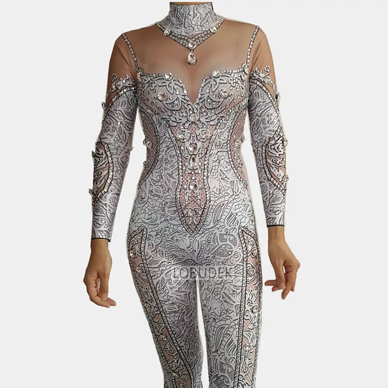 

Vintage Print Crystal Tight Jumpsuit Women Rhinestones Rompers Stage Wear Singer Nightclub Party Performance Costume Leotard