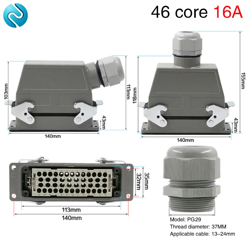 

Heavy duty connector 46 core cold pressure h24b-hee-046 rectangular aviation plug socket industrial waterproof socket 16A