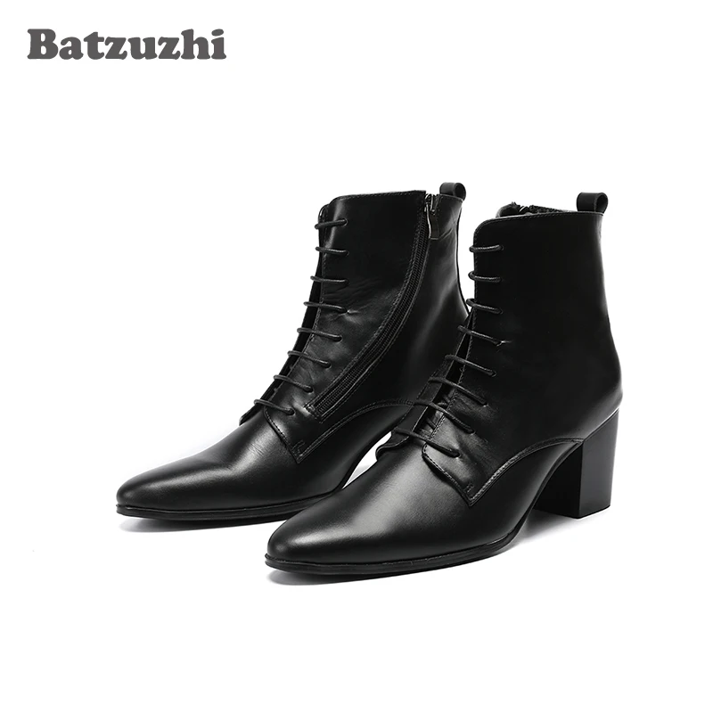 6.8cm High Heel Boots Men Black Genuine Leather Men's Ankle Boots Pointed Toe Lace-up Bota Masculina Dress Boots Men! Batzuzhi