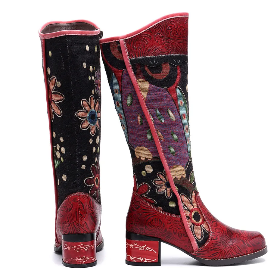 Fashion Patchwork Western Cowboy Boots Women Shoes Bohemian Genuine Leather Shoes Woman Vintage Side Zip Knee High Riding Boots