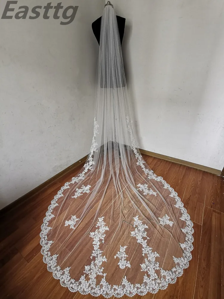 Nieuwe Echte Foto Wit/Ivoor Bridal Veil Geappliceerd Mantilla Velos De Novia Bruiloft Sluier Lange Met Kam Bruiloft Accessoires