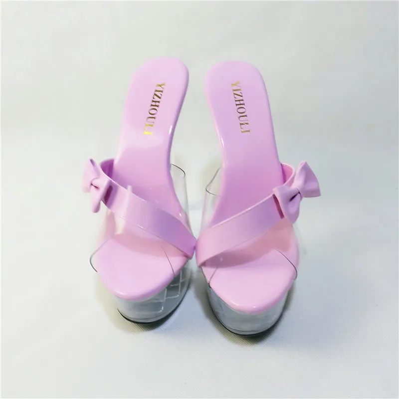 The bowknot adorns transparent fashionable sandals in summer wear high heels, pink crystal shoes, new high heels 15cm